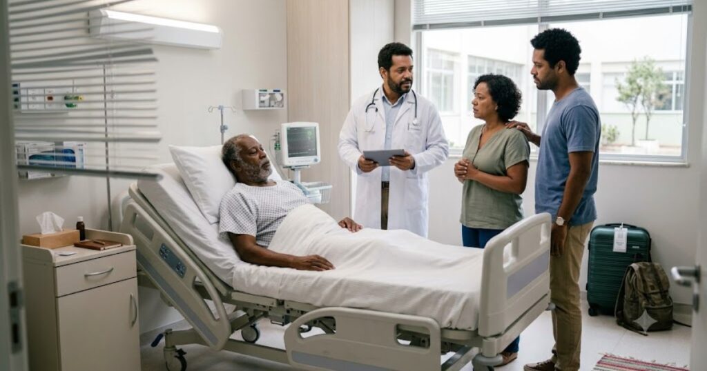 Paciente idoso em cama de hospital com médico conversando com a família, cena editorial