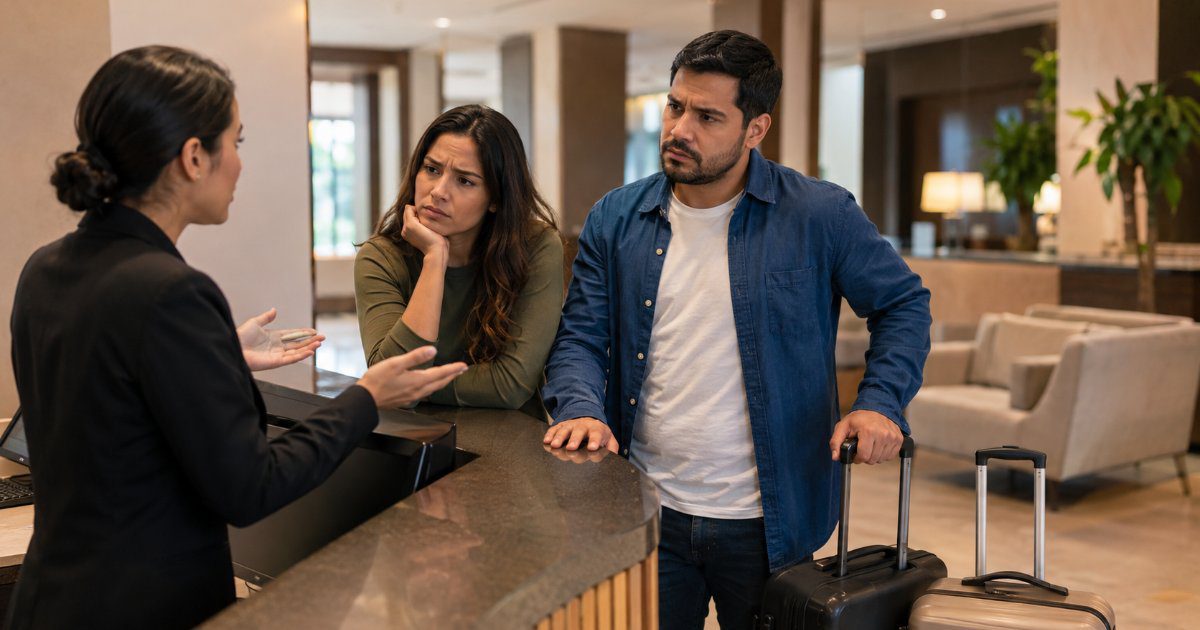 Casal decepcionado na recepção de hotel sem quarto disponível, cena editorial