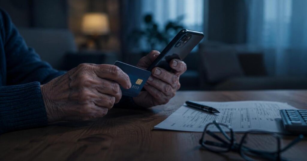 Pessoa idosa segurando cartão bancário e celular ao conferir extrato, em contexto de fraude bancária
