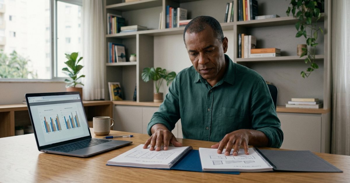 Homem comparando dois cadernos de planos de saude sobre a mesa com notebook mostrando graficos