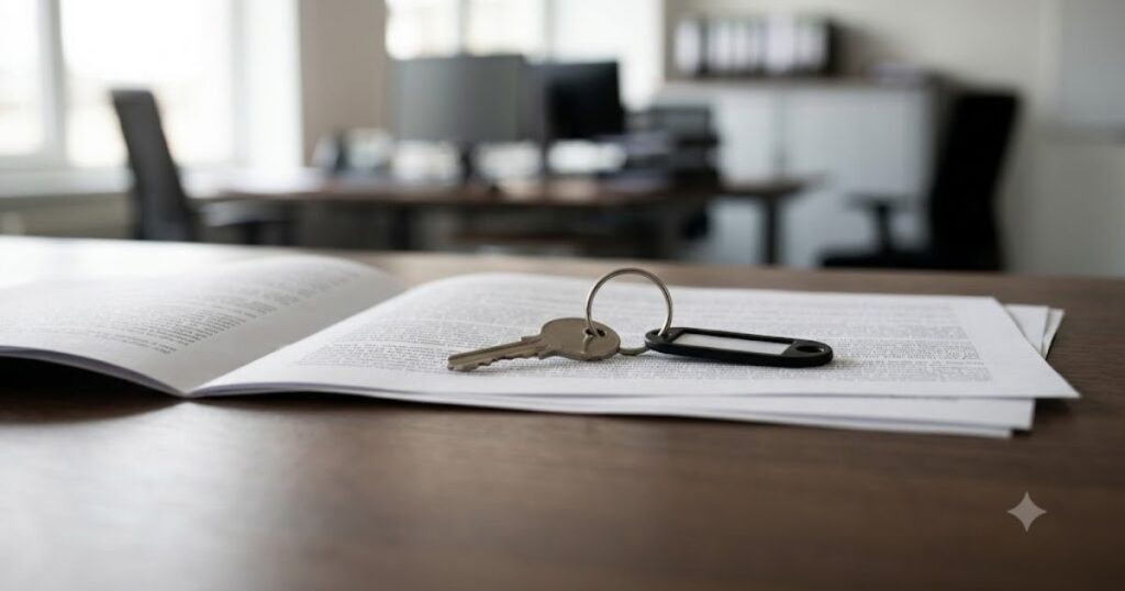 chave sobre contrato de papel em mesa de escritorio