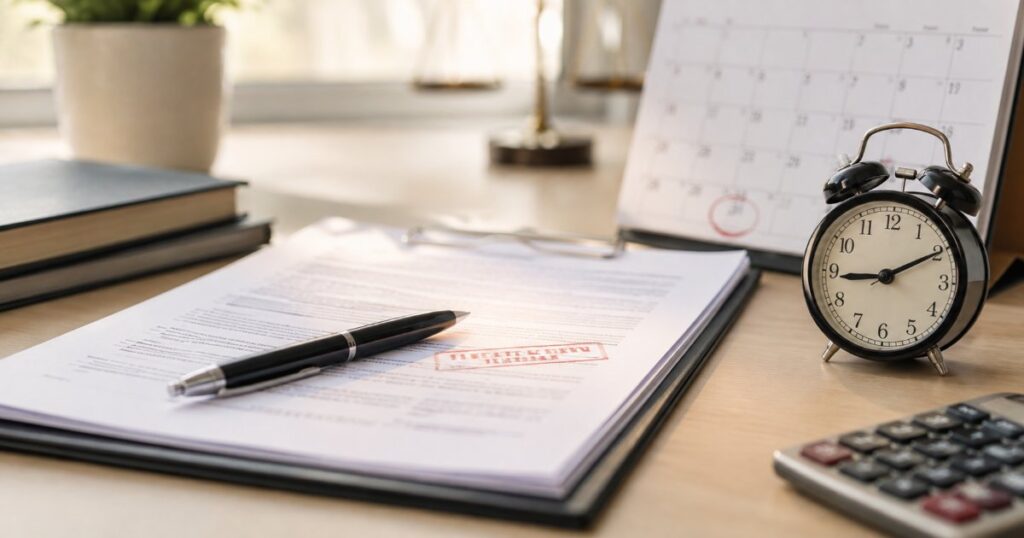 Contrato com parcela vencida ao lado de relógio e calendário indicando inadimplemento