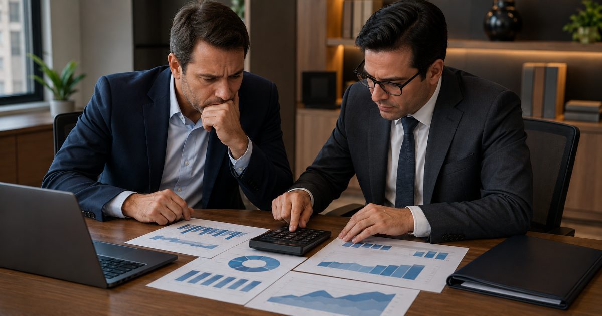 Empresário e advogado analisando calculadora e relatórios financeiros com gráficos calculando valores de indenização