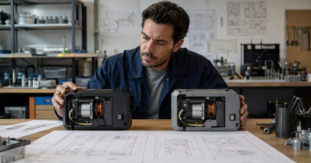Inventor examinando dispositivo técnico patenteado ao lado de cópia semelhante com desenhos técnicos na bancada