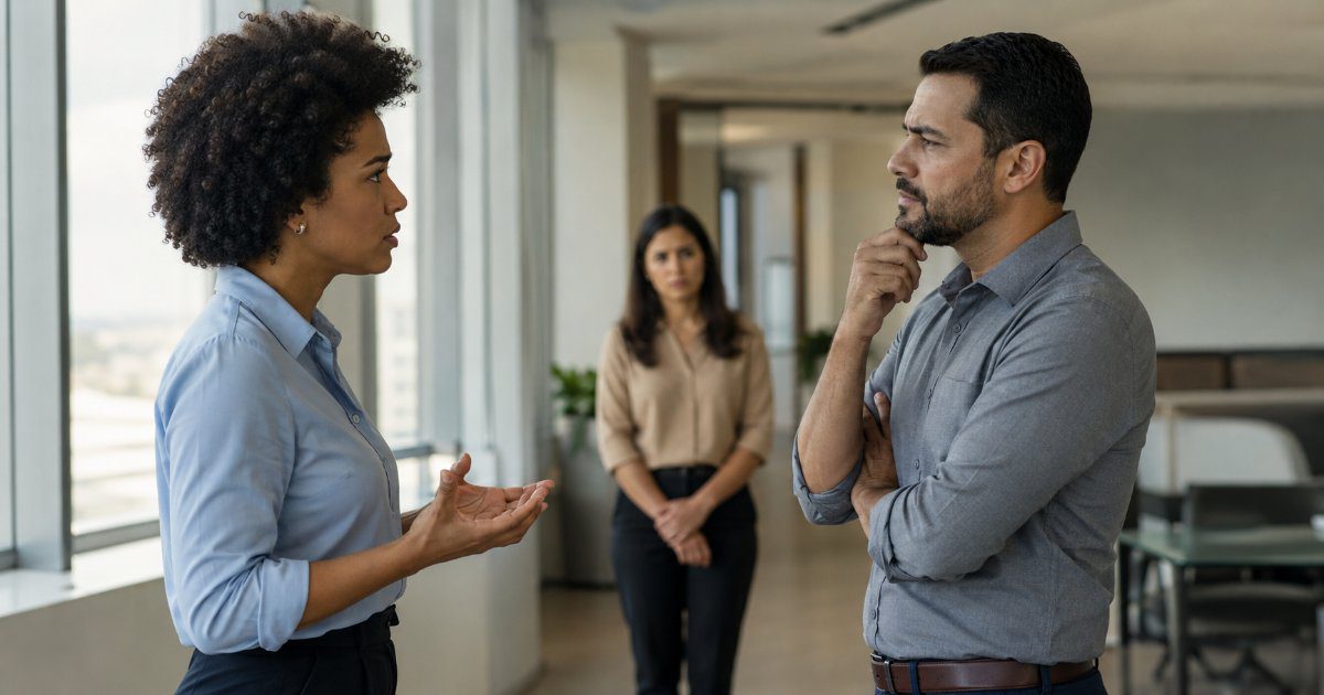 Colegas de trabalho conversando de forma tensa em corredor de escritorio