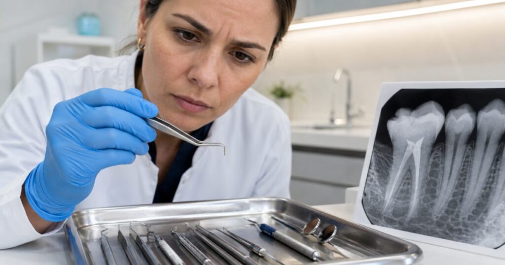 Dentista com luvas azuis compara um pequeno instrumento odontológico fraturado com uma radiografia dentária sobre a bancada de um consultório.