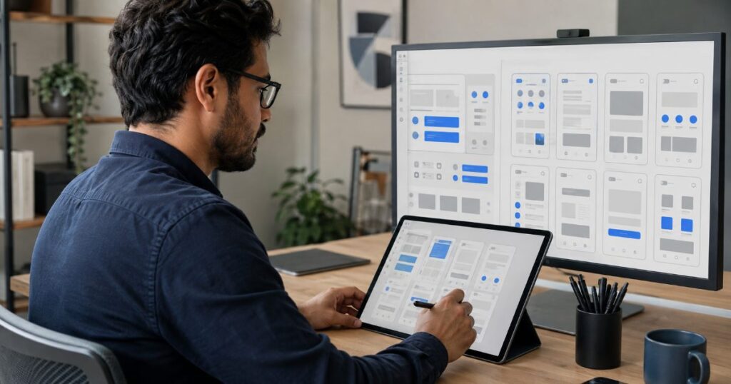 Designer de interfaces trabalhando no layout de telas e ícones de um aplicativo em monitor com wireframes