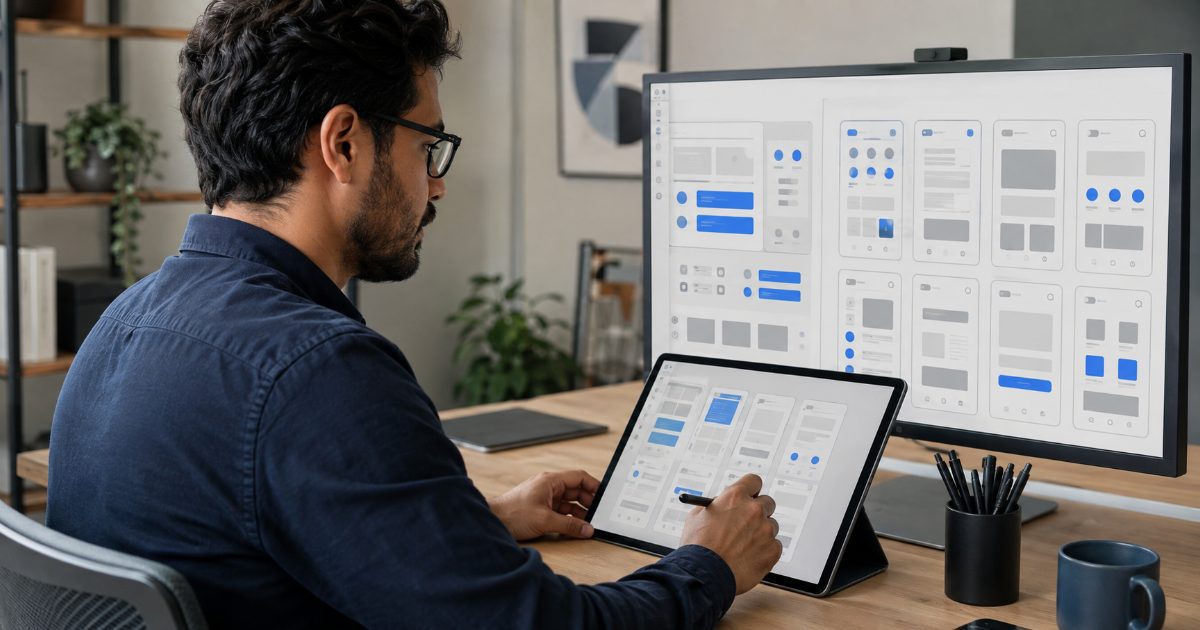 Designer de interfaces trabalhando no layout de telas e ícones de um aplicativo em monitor com wireframes