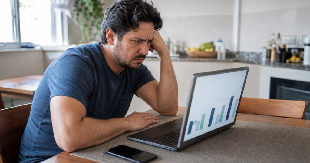 Pessoa impaciente olhando notebook em ambiente doméstico, cena editorial sobre internet lenta