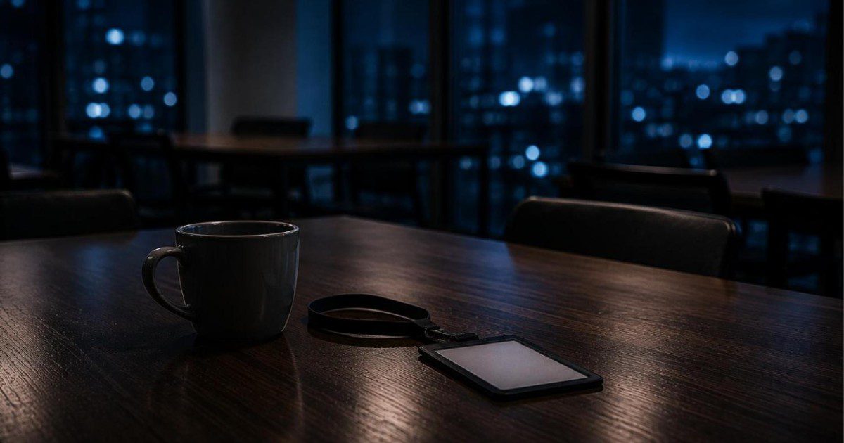 Mesa de refeitório de escritório vazia com caneca de café e crachá apoiados, ao lado de janela noturna, remetendo à pausa de almoço não usufruída no trabalho