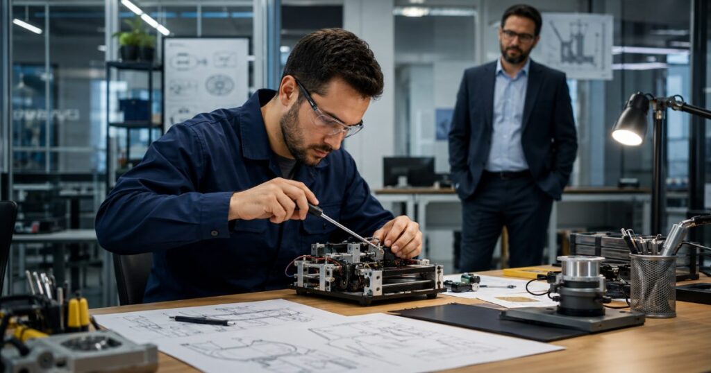 Funcionário engenheiro trabalhando em uma invenção na bancada da empresa com um gestor observando ao fundo