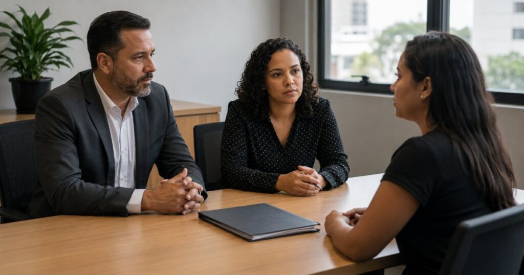 Gestor e analista de RH conversando com funcionaria em reuniao formal em escritorio brasileiro