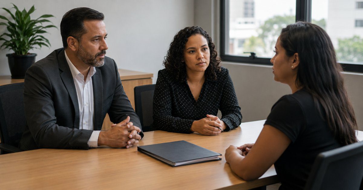 Gestor e analista de RH conversando com funcionaria em reuniao formal em escritorio brasileiro