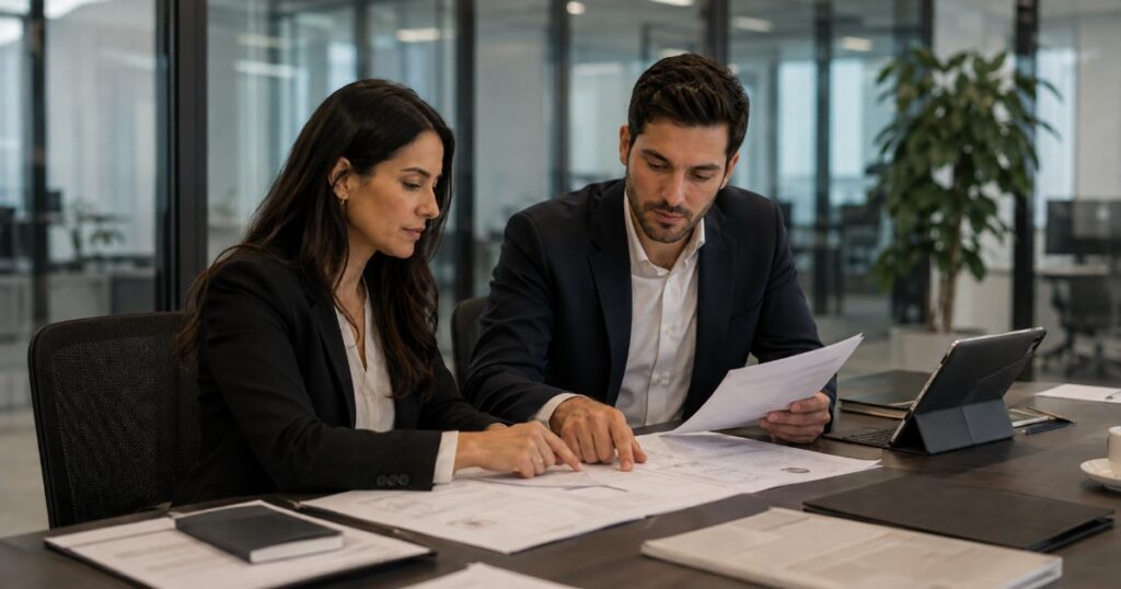 Advogada consultando pasta de documentos técnicos e legislação sobre propriedade industrial no escritório