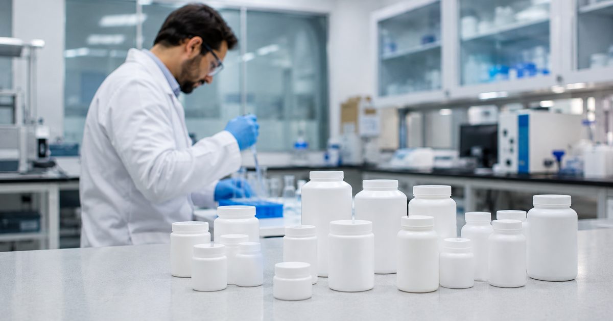 Laboratório farmacêutico com frascos de medicamentos e pesquisador de jaleco sugerindo acesso a medicamentos