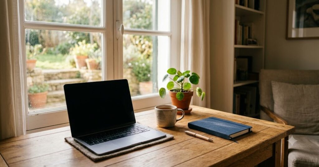 Escritorio em casa claro com notebook de tela apagada sobre mesa de madeira junto a janela