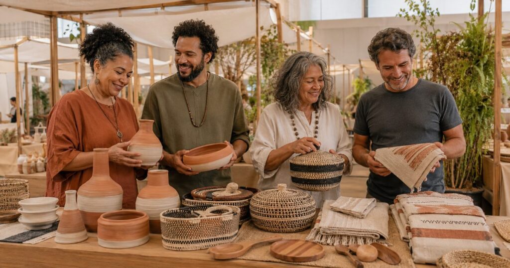 Grupo de produtores de uma associação cooperativa exibindo juntos seus produtos artesanais em uma feira