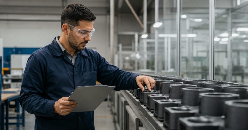 Inspetor de qualidade com tablet examinando e aprovando produtos em linha de produção conferindo padrões