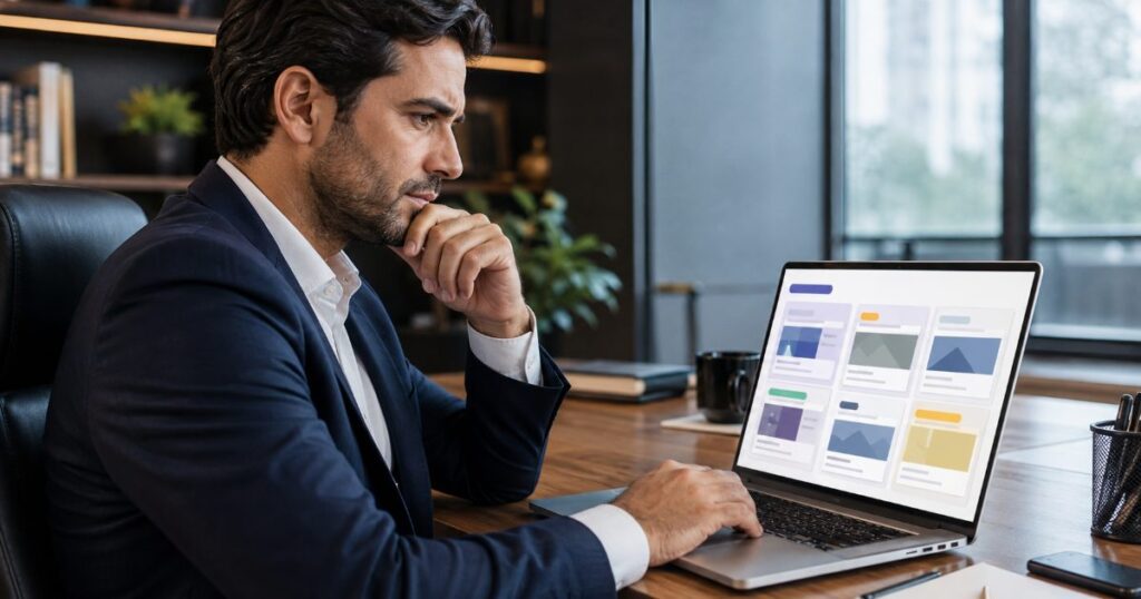 Empresário observando com preocupação a tela de um notebook que exibe página de resultados de busca com anúncios patrocinados