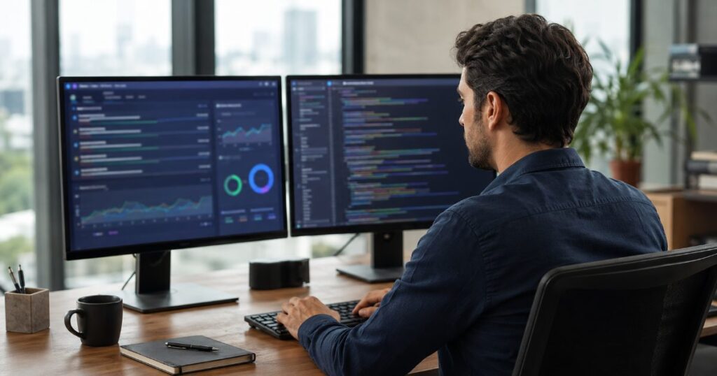 Profissional de marketing digital analisando resultados de busca e código de site em duas telas de computador