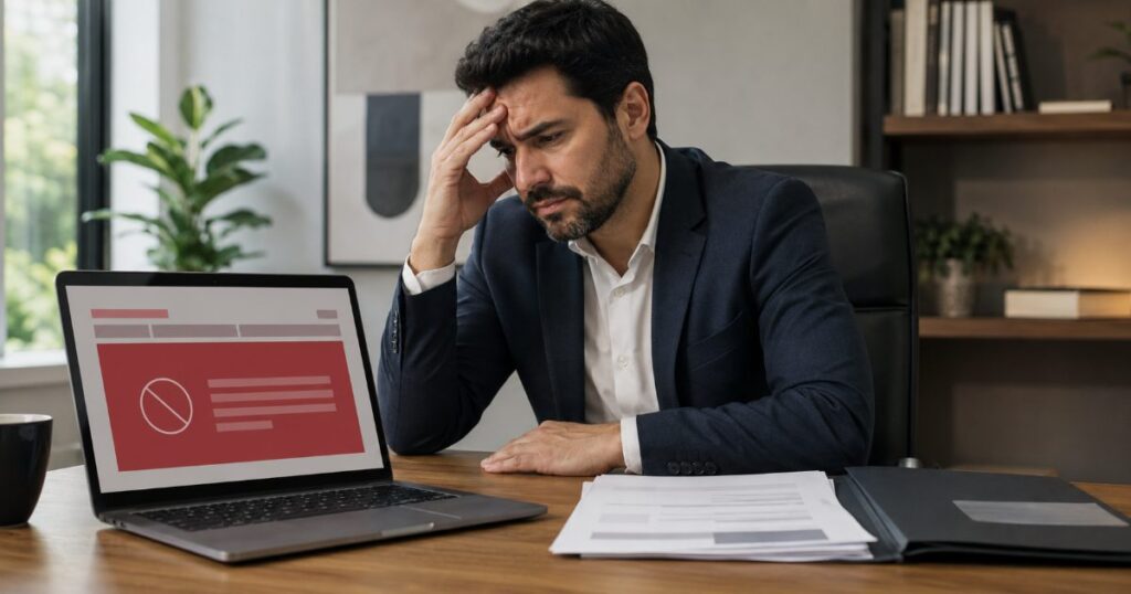 Empreendedor com expressão de frustração olhando para a tela de um notebook que exibe resposta negativa