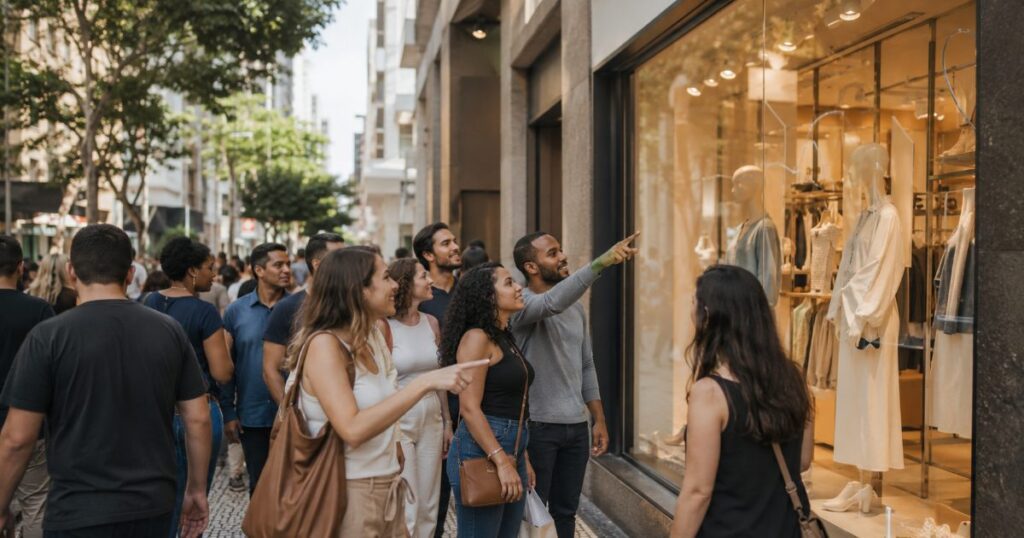 Multidão de consumidores em rua comercial movimentada reconhecendo e apontando para uma vitrine popular