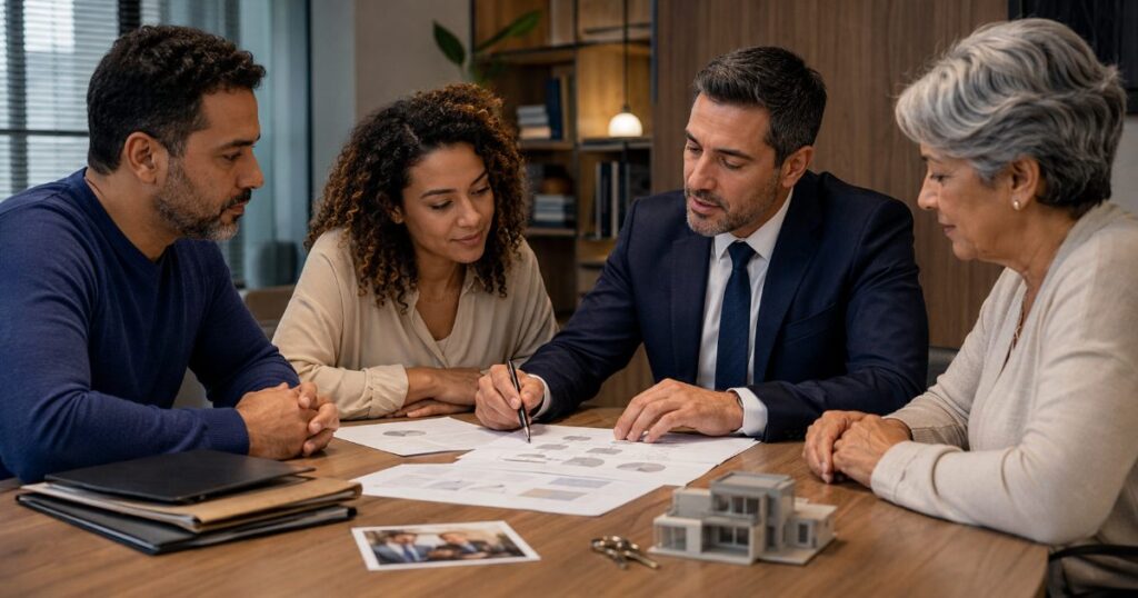 Família reunida em volta de uma mesa com um advogado revisando documentos de partilha e bens familiares