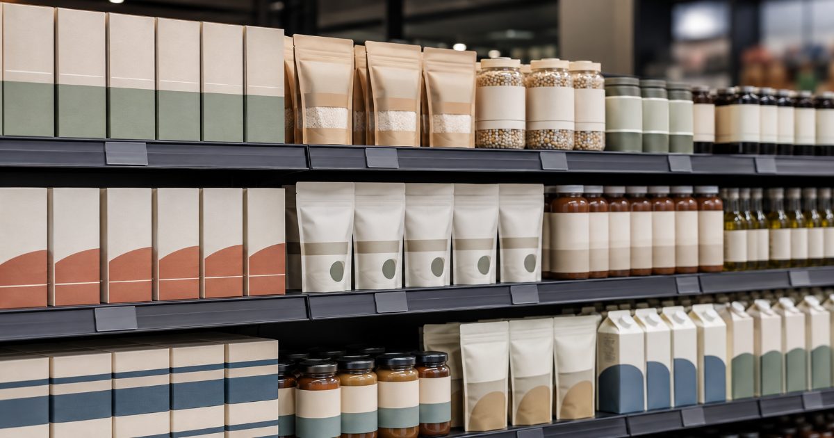 Prateleira de supermercado com vários produtos genéricos de embalagens simples e parecidas entre si
