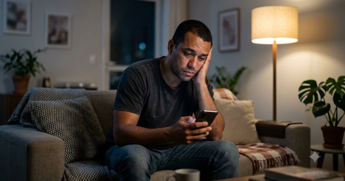 Homem olhando o celular no sofa de casa a noite com expressao cansada