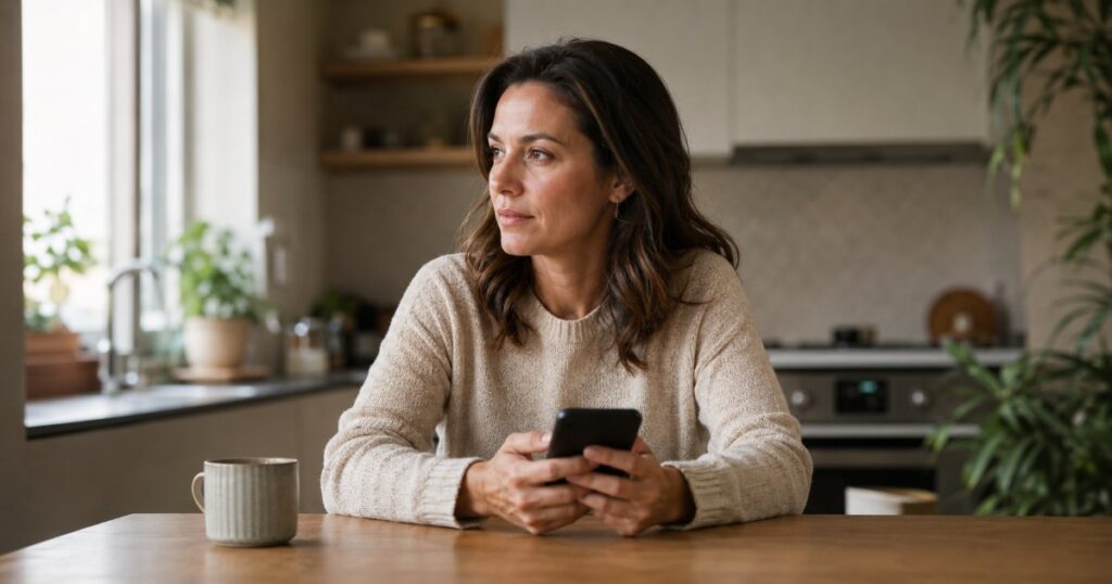 Mulher sentada à mesa de cozinha em casa, segurando um smartphone com a tela voltada para baixo, expressão pensativa e determinada