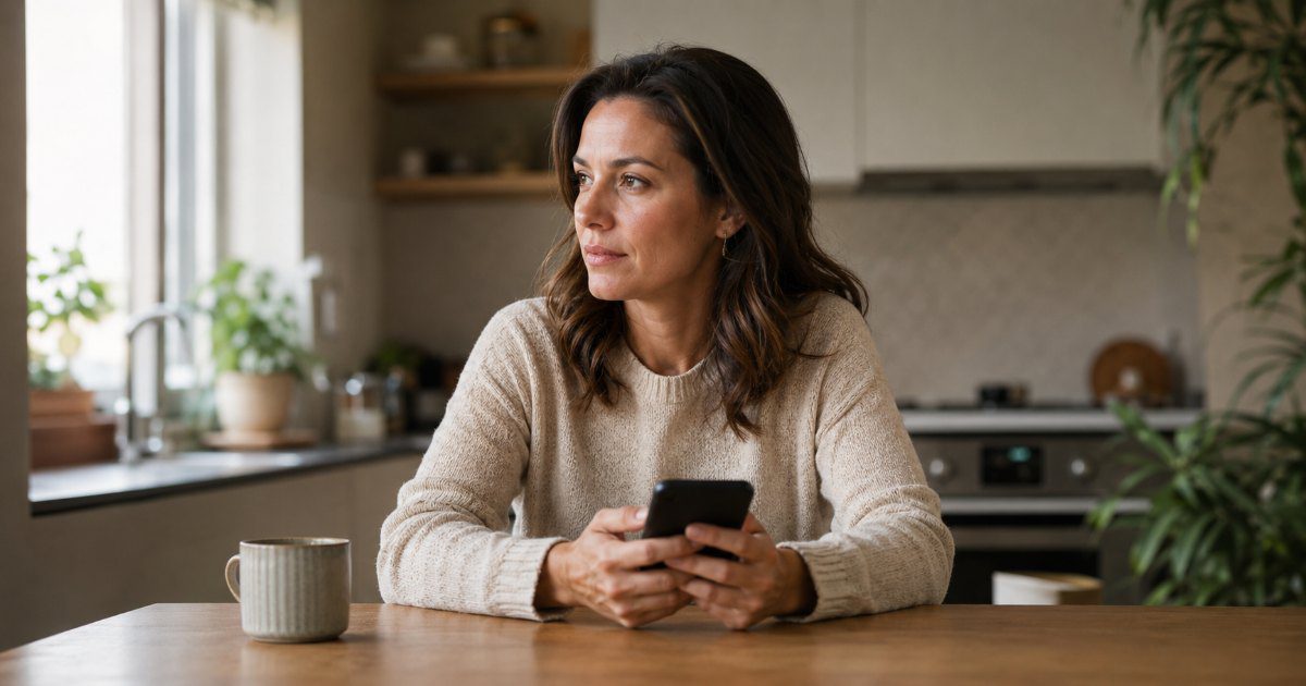 Mulher sentada à mesa de cozinha em casa, segurando um smartphone com a tela voltada para baixo, expressão pensativa e determinada