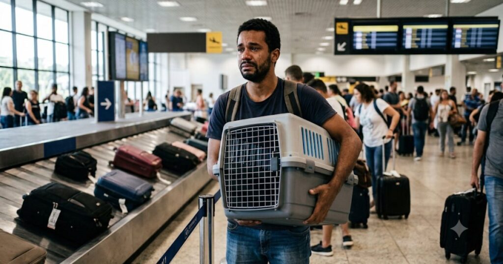 Tutor triste segurando caixa de transporte de animal vazia na esteira de bagagens do aeroporto, cena editorial