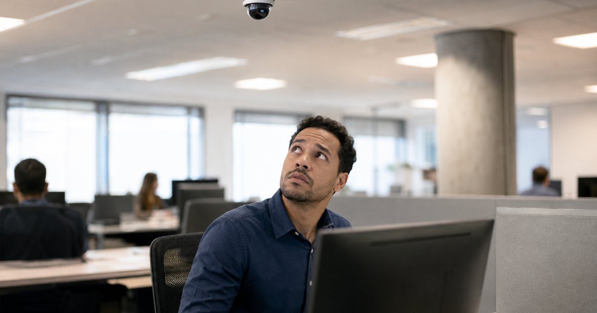 Funcionário desconfortável observando câmera de segurança no escritório, cena editorial sobre monitoramento no trabalho