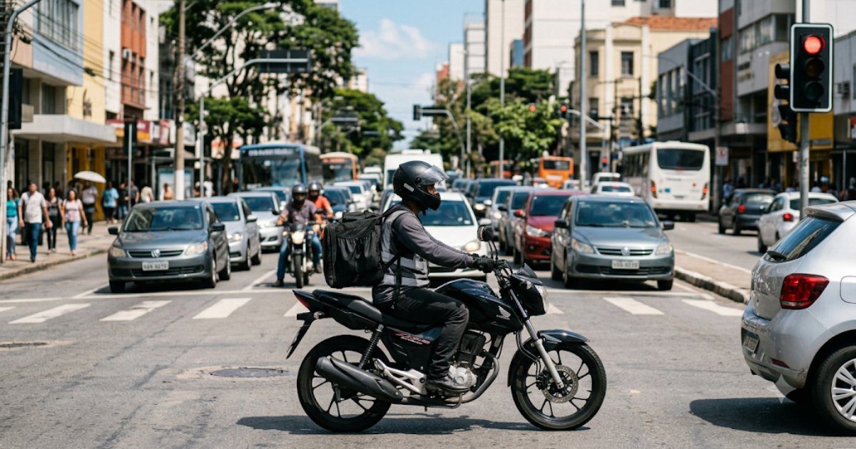 Motociclista entregador parado no farol de avenida movimentada
