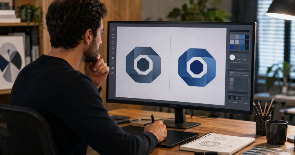 Designer gráfico comparando em um monitor uma versão antiga e uma nova versão remódelada de um símbolo visual