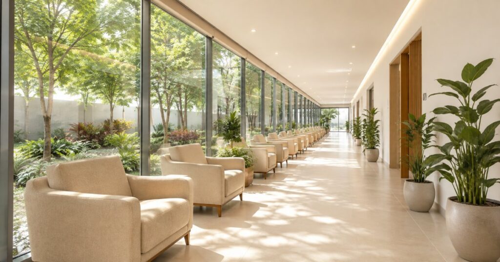 Corredor claro de clinica moderna com poltronas e parede de vidro voltada para jardim