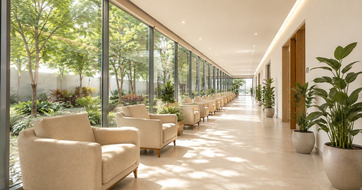 Corredor claro de clinica moderna com poltronas e parede de vidro voltada para jardim