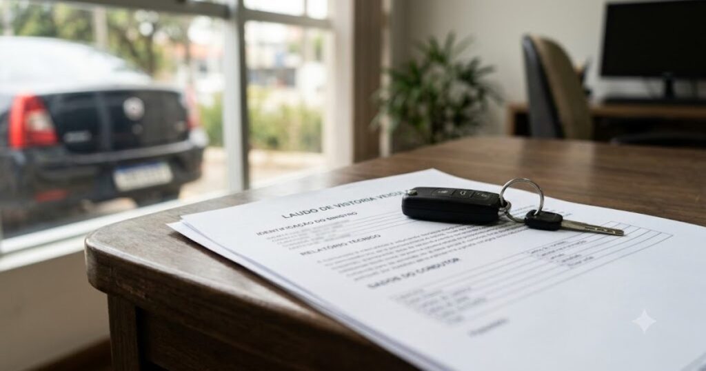 chave de carro sobre laudo de vistoria em mesa de escritorio