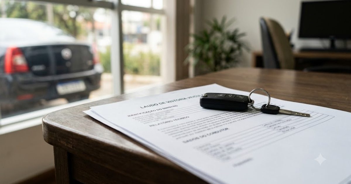 chave de carro sobre laudo de vistoria em mesa de escritorio
