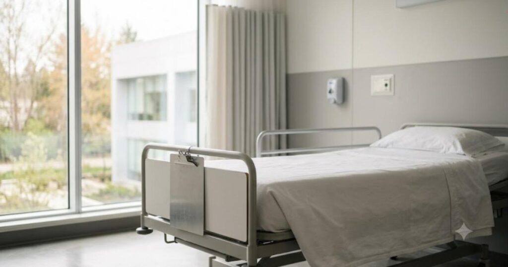 Leito hospitalar claro e vazio ao lado de janela ampla com prancheta apoiada na lateral da cama
