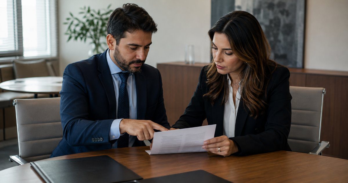Dois advogados discutindo documento em mesa de escritorio