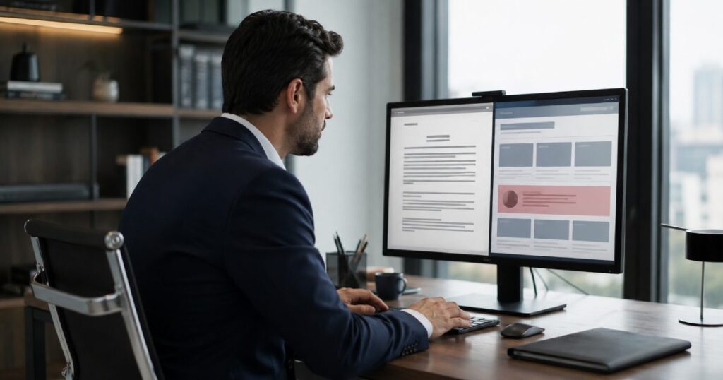 Advogado redigindo notificação formal no computador para remoção de conteúdo online