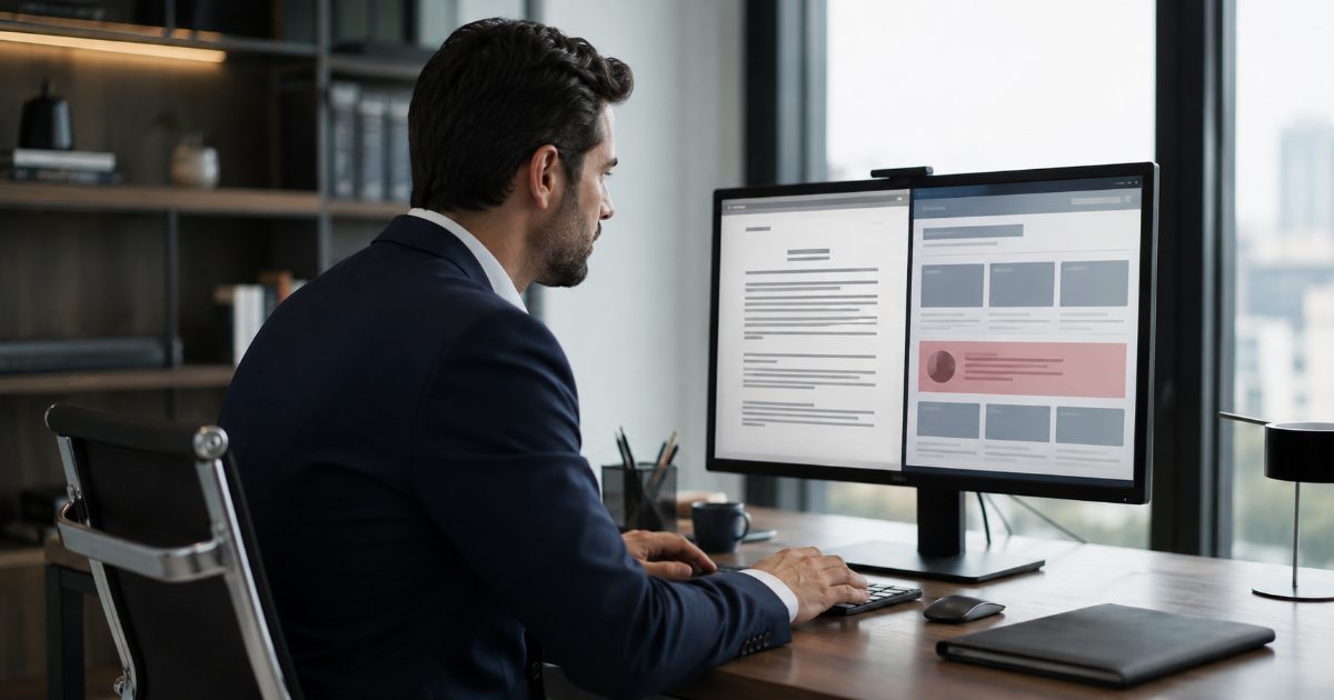 Advogado redigindo notificação formal no computador para remoção de conteúdo online