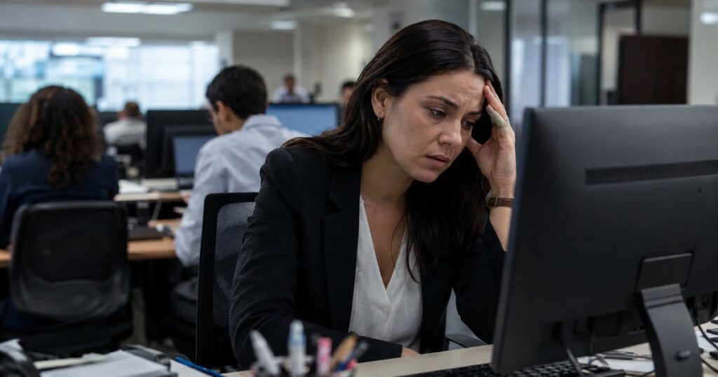 Trabalhador com sinais de estresse em frente ao computador no escritorio