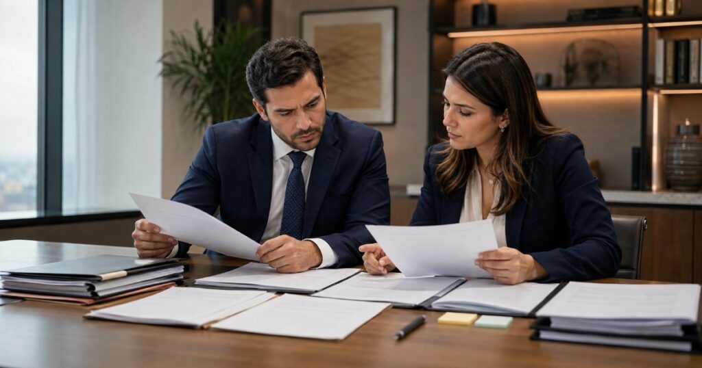Dois advogados analisando criticamente um processo administrativo e documentos de registro na mesa de reunião