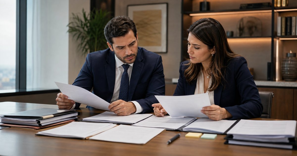 Dois advogados analisando criticamente um processo administrativo e documentos de registro na mesa de reunião