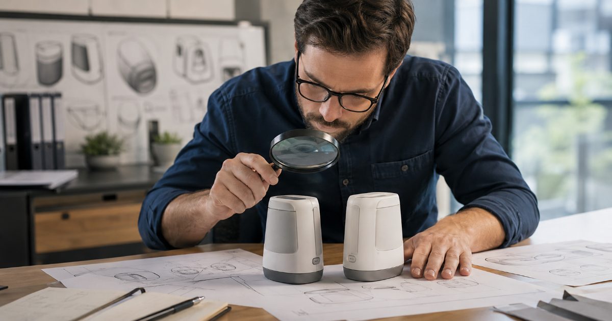 Analista comparando dois produtos de design semelhantes com lupa e documentos técnicos sobre a mesa