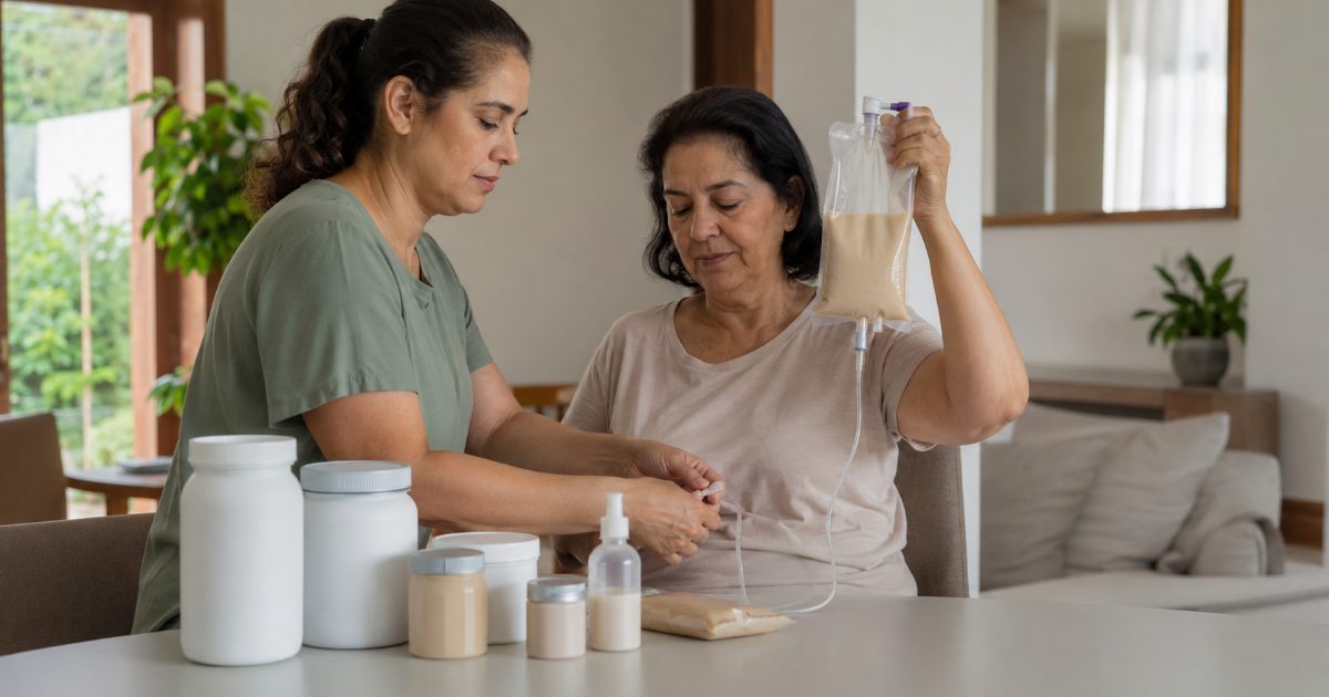 Enfermeira orientando mulher idosa no preparo de nutricao enteral e suplementos alimentares em casa
