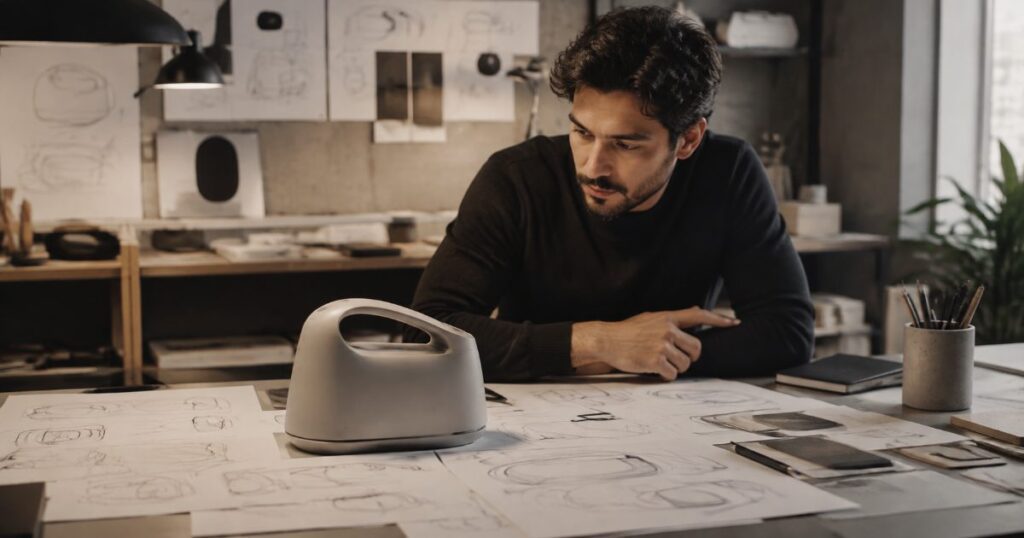 Designer de produto em estúdio criativo observando a forma e o desenho de um objeto de consumo sobre a bancada