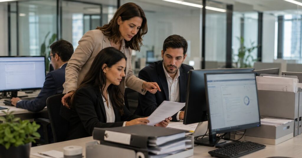Equipe de escritório analisando registros e arquivos técnicos de marcas e patentes em computador